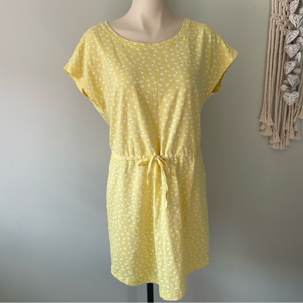 Only 100% Cotton Floral Tshirt Dress Yellow White Waist Tie Size Large
